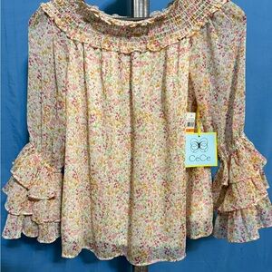 CeCe Floral Ruffle Sleeve Blouse - Pink and Yellow